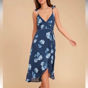 LULU’S One Desire Navy Blue Floral Print Wrap Dress